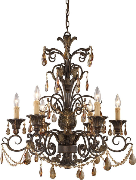 Rochelle 6 Light Chandelier In Weathered Mahogany and Amber Crystal