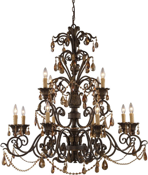 Rochelle 12 Light Chandelier In Weathered Mahogany and Amber Crystal