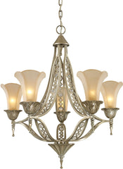 Chelsea 5 Light Chandelier In Aged Silver and Beige Frosted Glass