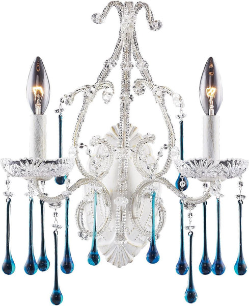 Opulence 2 Light Wall Sconce In Antique White and Aqua Crystal