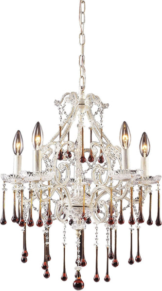 Opulence 5 Light Chandelier In Antique White and Amber Crystal