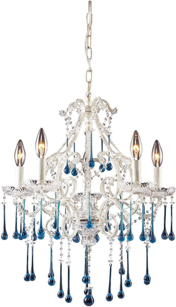 Opulence 5 Light Chandelier In Antique White and Aqua Crystal
