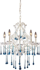 Opulence 5 Light Chandelier In Antique White and Aqua Crystal