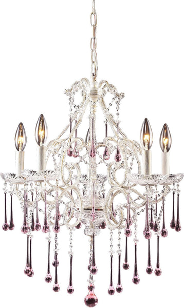 Opulence 5 Light Chandelier In Antique White and Rose Crystal