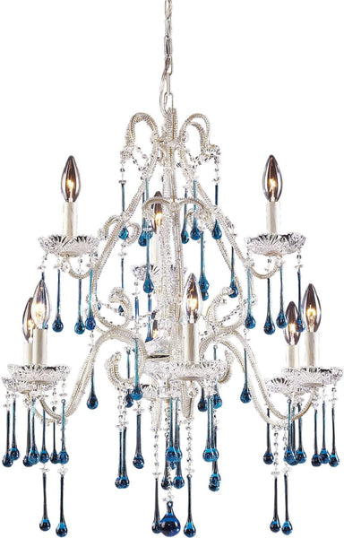 Opulence 9 Light Chandelier In Antique White and Aqua Crystal