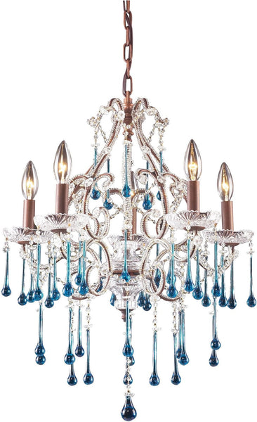Opulence 5 Light Chandelier In Rust and Aqua Crystal
