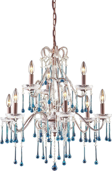 Opulence 9 Light Chandelier In Rust and Aqua Crystal