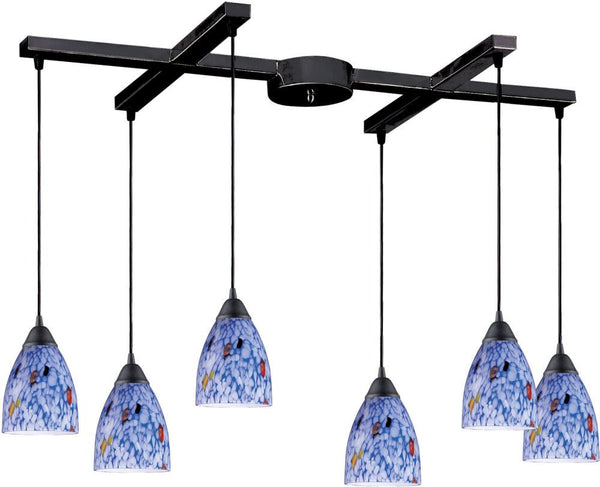 Classico 6 Light Pendant In Dark Rust and Starburst Blue Glass
