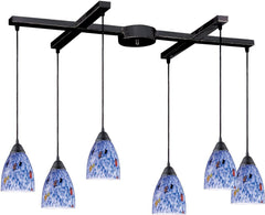 Classico 6 Light Pendant In Dark Rust and Starburst Blue Glass