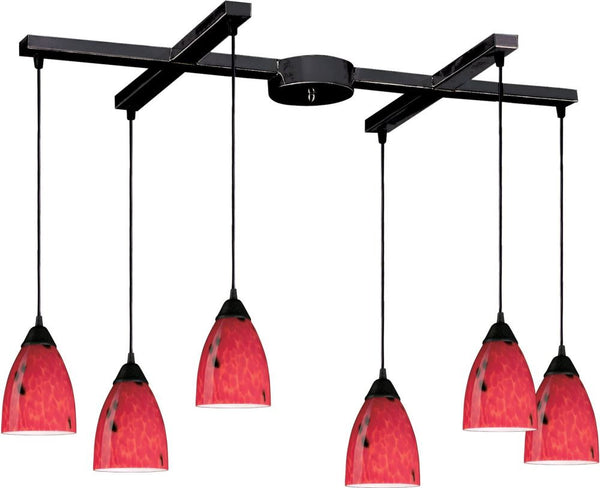 Classico 6 Light Pendant In Dark Rust and Fire Red Glass
