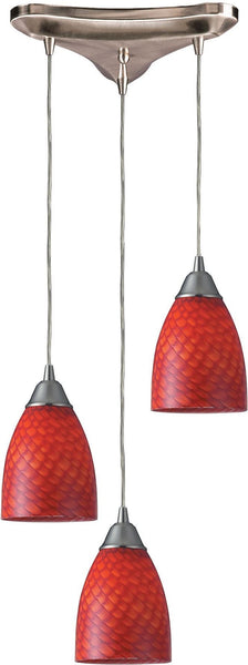 Arco Baleno 3 Light Pendant In Satin Nickel and Scarlet Red Glass