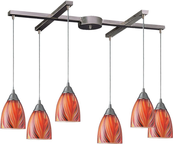 Arco Baleno 6 Light Pendant In Satin Nickel and Multi Glass