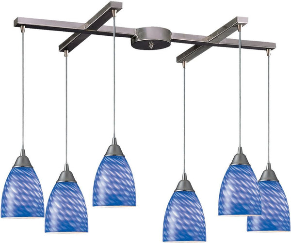 Arco Baleno 6 Light Pendant In Satin Nickel and Sapphire Glass