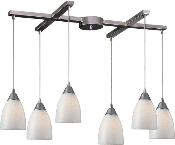 Arco Baleno 6 Light Pendant In Satin Nickel and White Swirl Glass