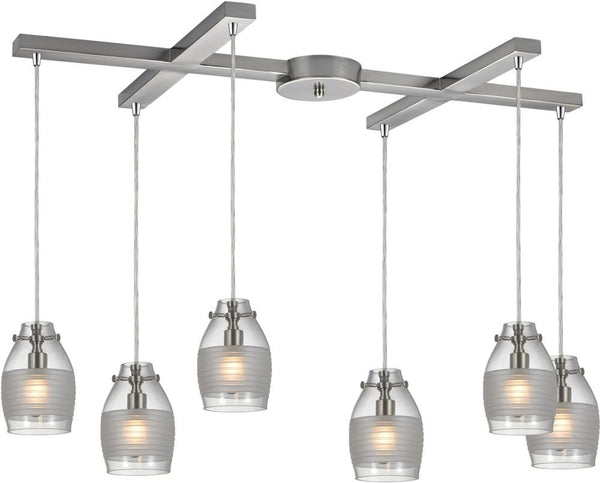 Carved Glass 6 Light Pendant In Brushed Nickel