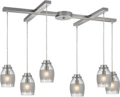 Carved Glass 6 Light Pendant In Brushed Nickel