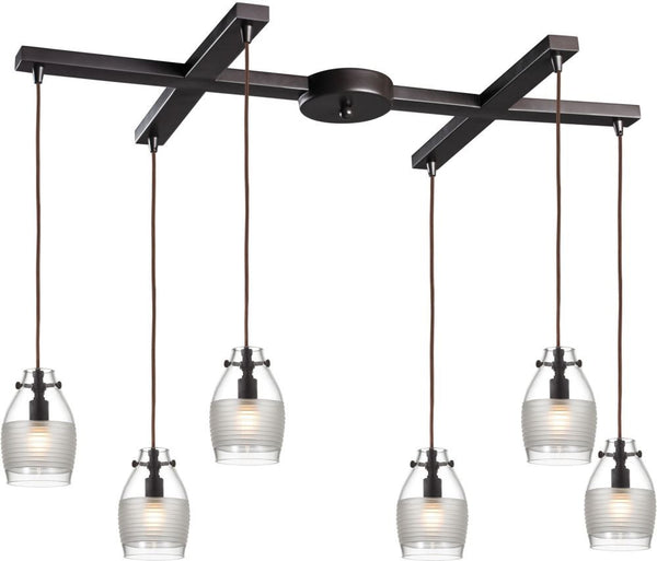 Carved Glass 6 Light Pendant In Oil Rubbed Bronze