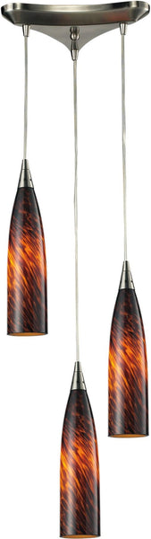 Lungo 3 Light Pendant In Satin Nickel and Espresso Glass