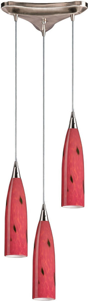 Lungo 3 Light Pendant In Satin Nickel and Fire Red Glass