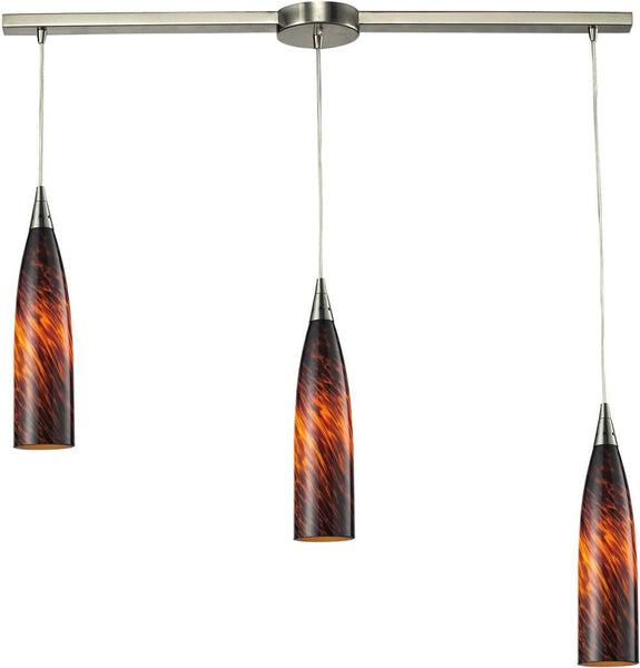 Lungo 3 Light Pendant In Satin Nickel and Espresso Glass