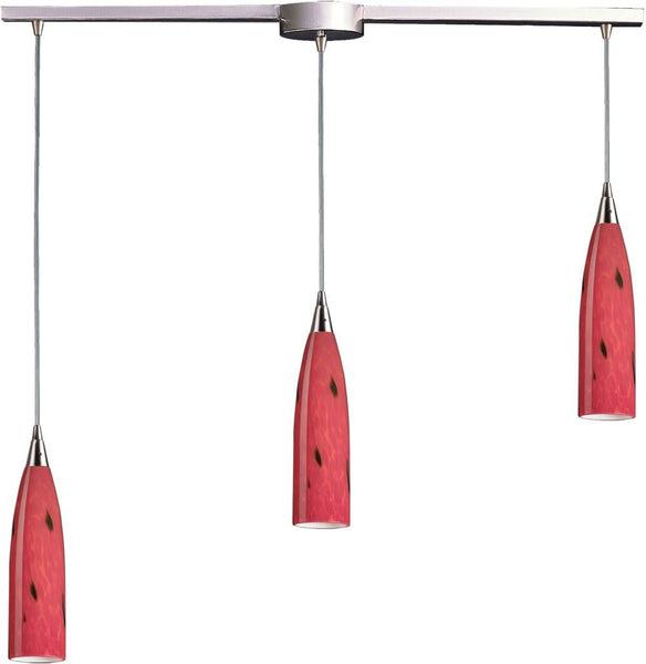 Lungo 3 Light Pendant In Satin Nickel and Fire Red Glass