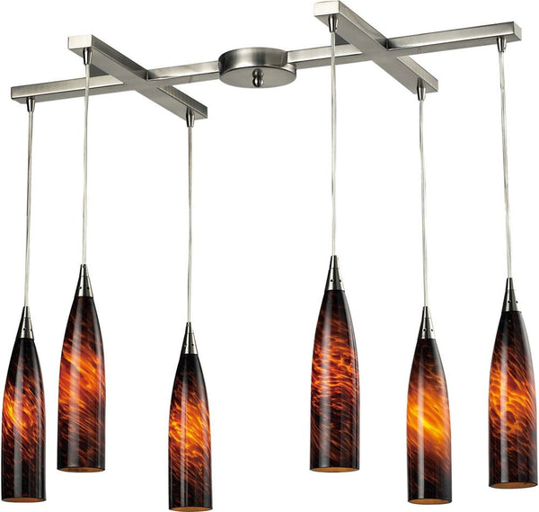 Lungo 6 Light Pendant In Satin Nickel and Espresso Glass