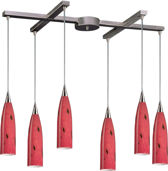Lungo 6 Light Pendant In Satin Nickel and Fire Red Glass
