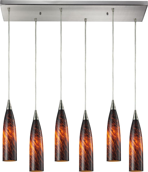 Lungo 6 Light Pendant In Satin Nickel and Espresso Glass
