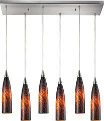 Lungo 6 Light Pendant In Satin Nickel and Espresso Glass