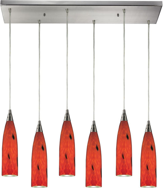 Lungo 6 Light Pendant In Satin Nickel and Fire Red Glass
