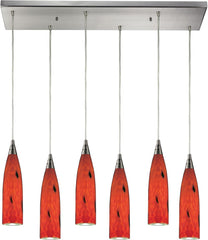 Lungo 6 Light Pendant In Satin Nickel and Fire Red Glass