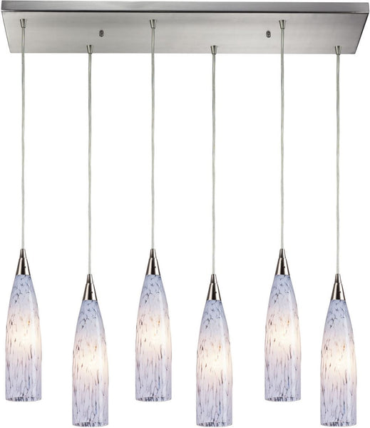 Lungo 6 Light Pendant In Satin Nickel and Snow White Glass
