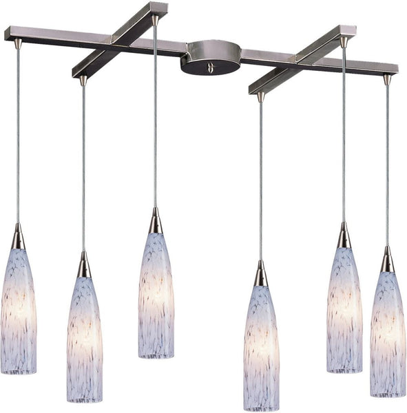 Lungo 6 Light Pendant In Satin Nickel and Snow White Glass