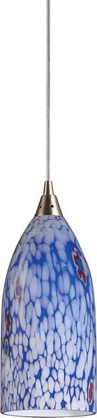 Verona 1 Light Led Pendant In Satin Nickel and Starlight Blue Glass