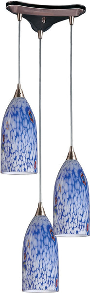Verona 3 Light Pendant In Satin Nickel and Starburst Blue Glass