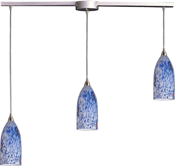 Verona 3 Light Pendant In Satin Nickel and Starburst Blue Glass