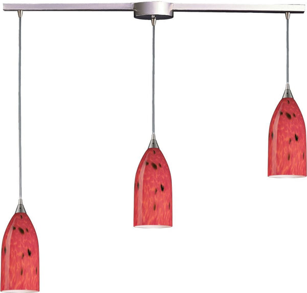 Verona 3 Light Pendant In Satin Nickel and Fire Red Glass