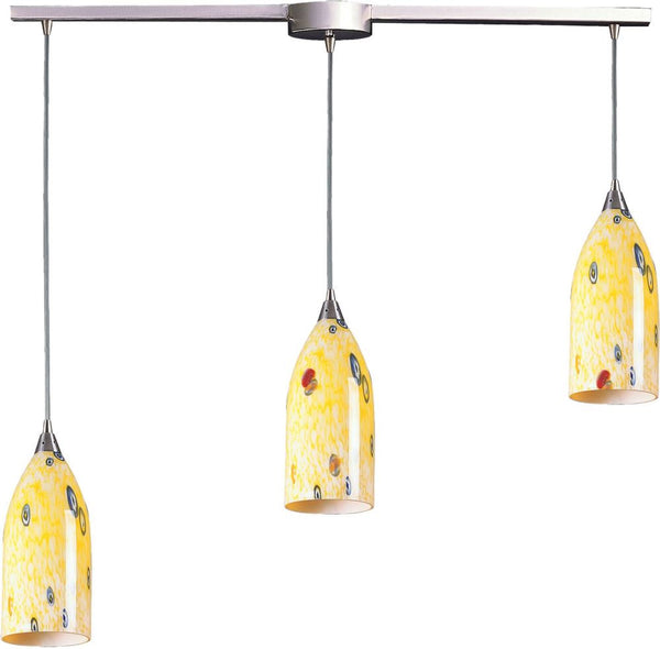 Verona 3 Light Pendant In Satin Nickel and Yellow Blaze Glass