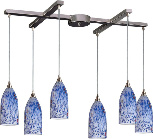 Verona 6 Light Pendant In Satin Nickel and Starburst Blue Glass