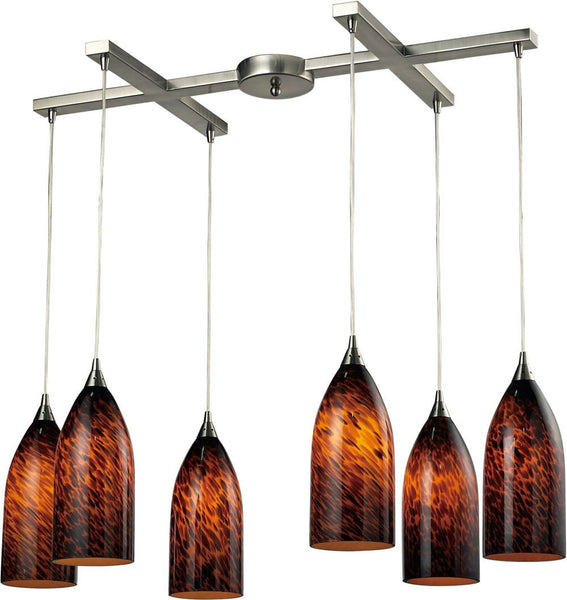 Verona 6 Light Pendant In Satin Nickel and Espresso Glass