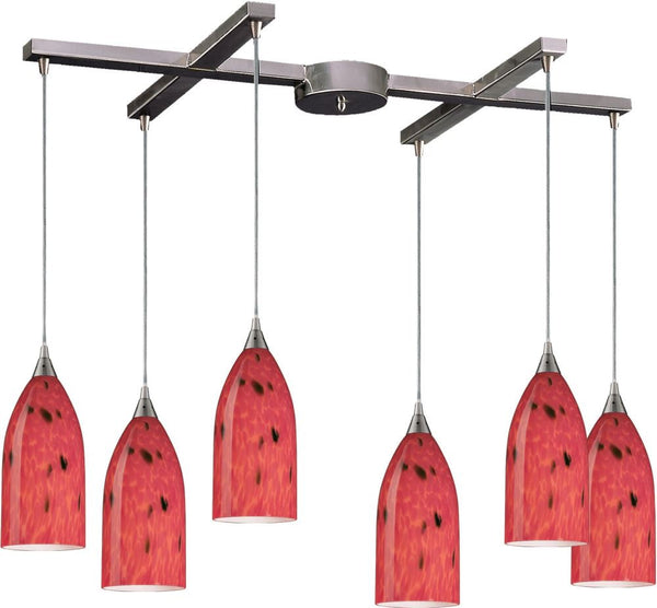 Verona 6 Light Pendant In Satin Nickel and Fire Red Glass