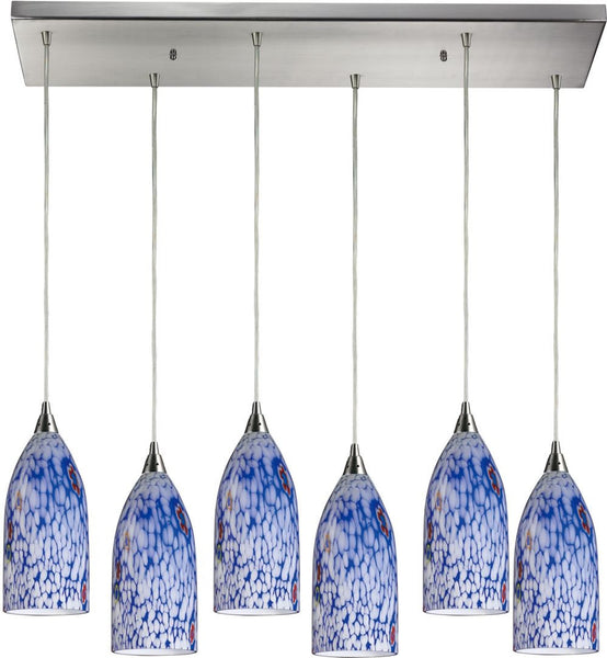 Verona 6 Light Pendant In Satin Nickel and Starburst Blue Glass