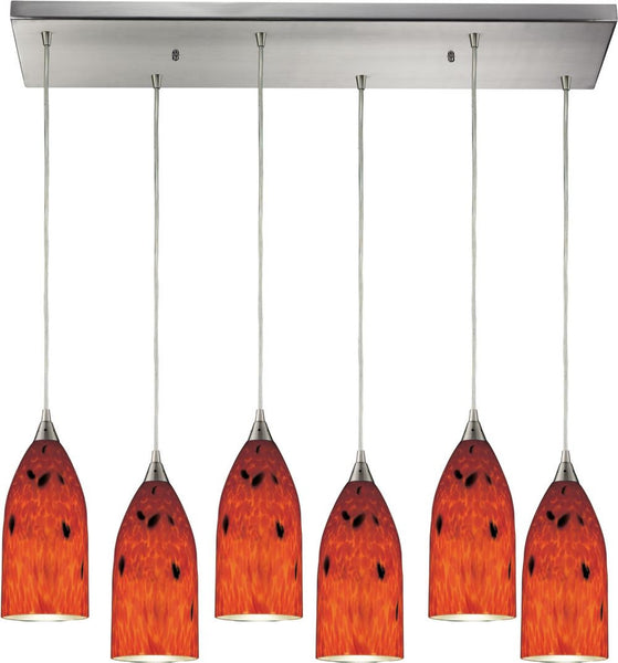 Verona 6 Light Pendant In Satin Nickel and Fire Red Glass
