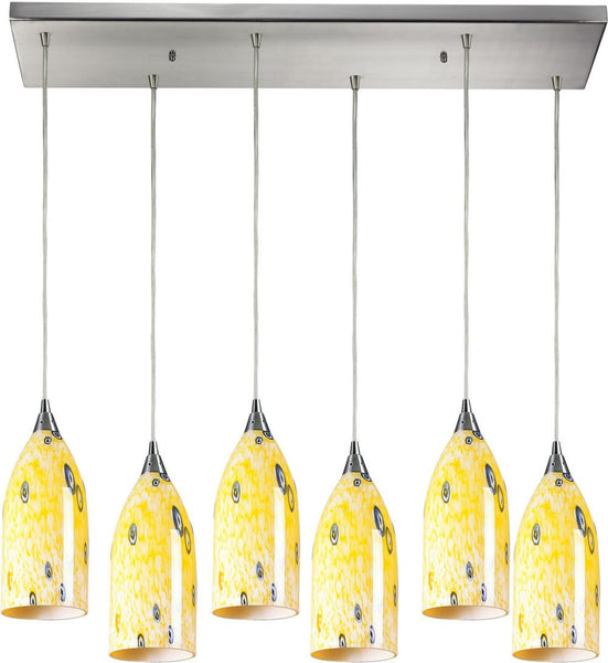 Verona 6 Light Pendant In Satin Nickel and Yellow Blaze Glass