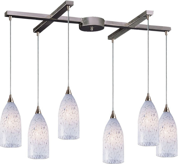 Verona 6 Light Pendant In Satin Nickel and Snow White Glass