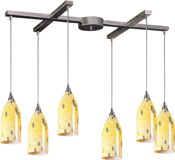 Verona 6 Light Pendant In Satin Nickel and Yellow Blaze Glass