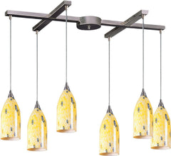 Verona 6 Light Pendant In Satin Nickel and Yellow Blaze Glass