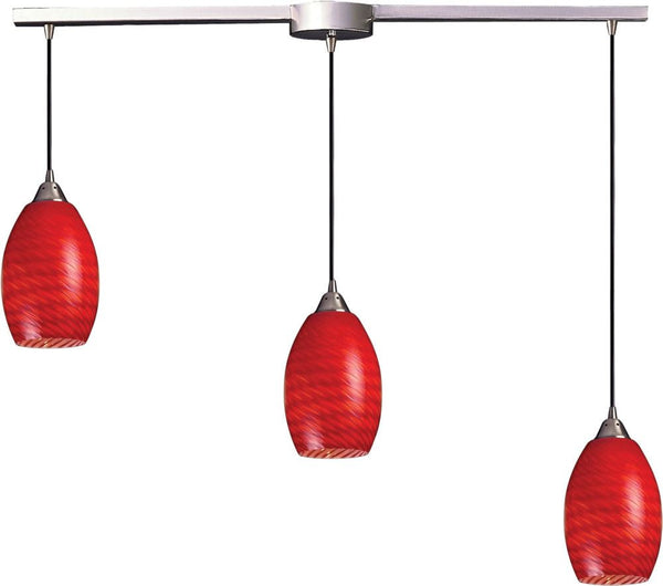 Mulinello 3 Light Pendant In Satin Nickel and Scarlet Red Glass
