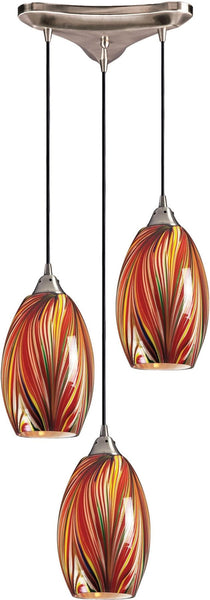 Mulinello 3 Light Pendant In Satin Nickel and Multicolor Glass