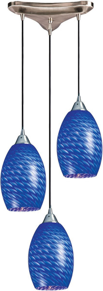 Mulinello 3 Light Pendant In Satin Nickel and Sapphire Glass